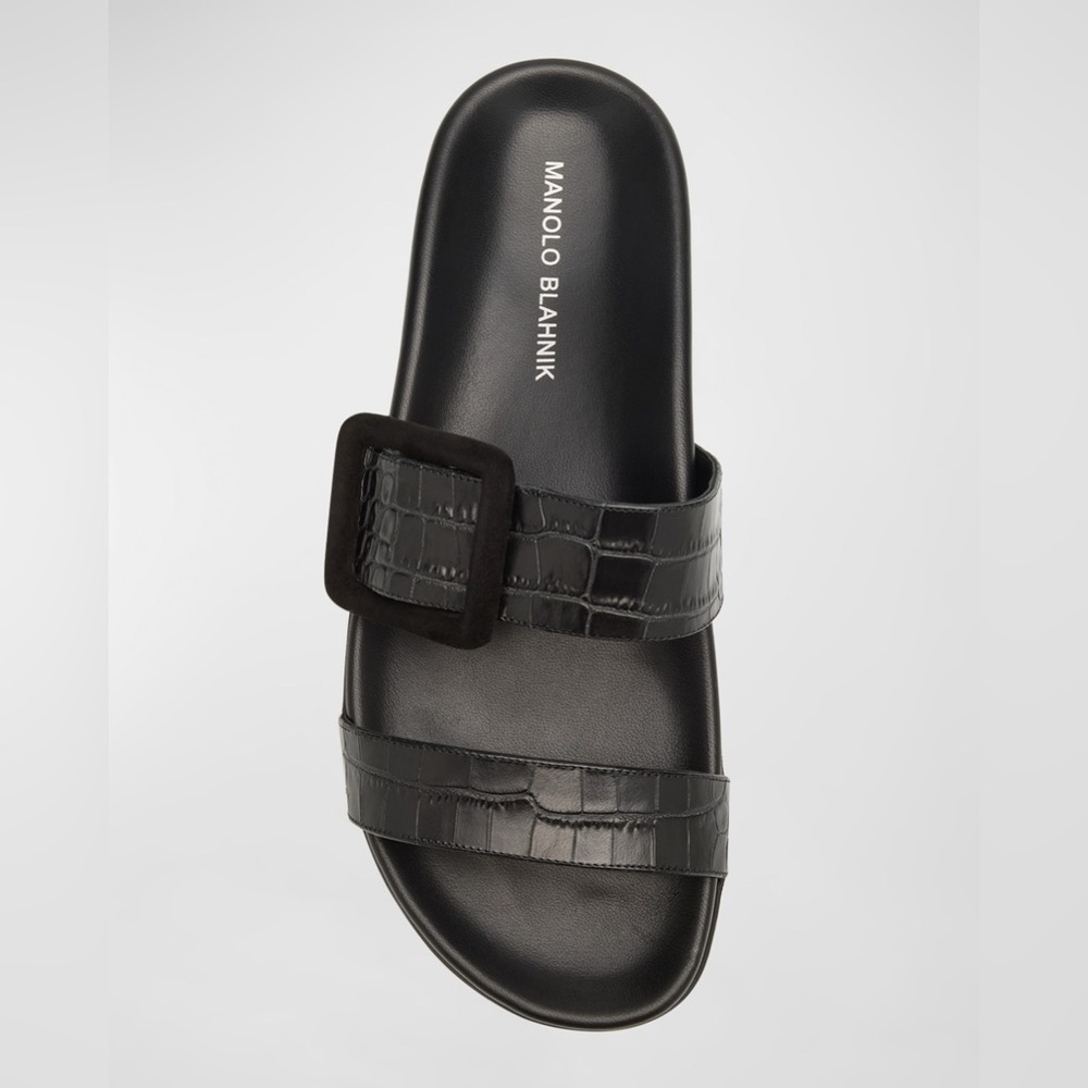 Manolo Blahnik black Mayfu croc embossed sandals - Picture 2 of 12